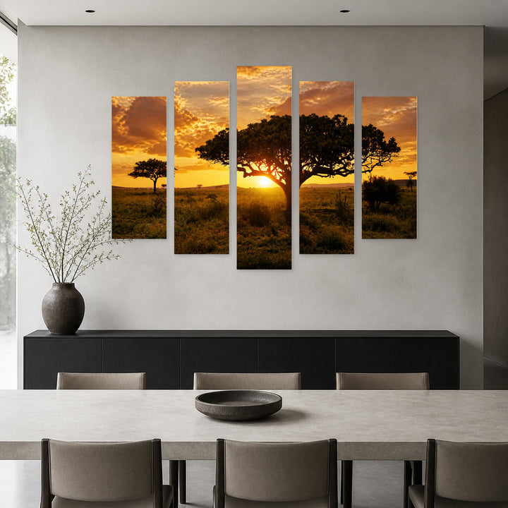 Sunset in Africa in Serene Light — five-panel wall art in frontal interior | 5wallart 54080 M3