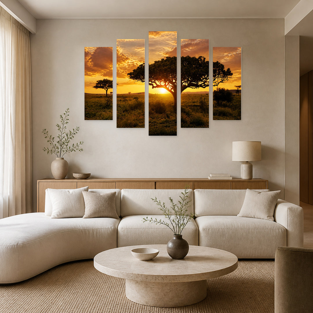 Sunset in Africa in Serene Light — five-panel wall art in alternate frontal interior | 5wallart 54080 M4