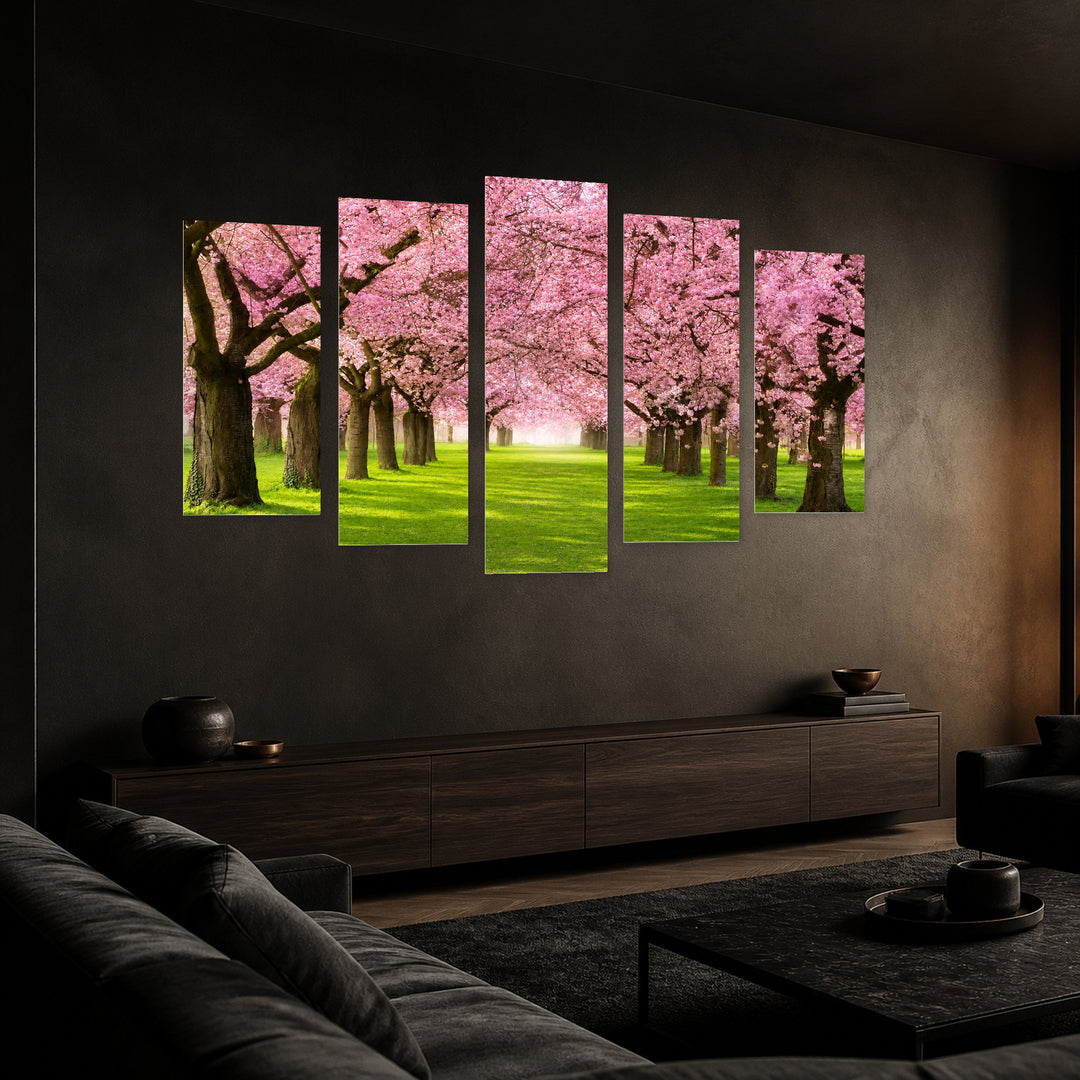 Cherry Trees in Vivid Color — five-panel wall art in perspective interior | 5wallart 54081 M2