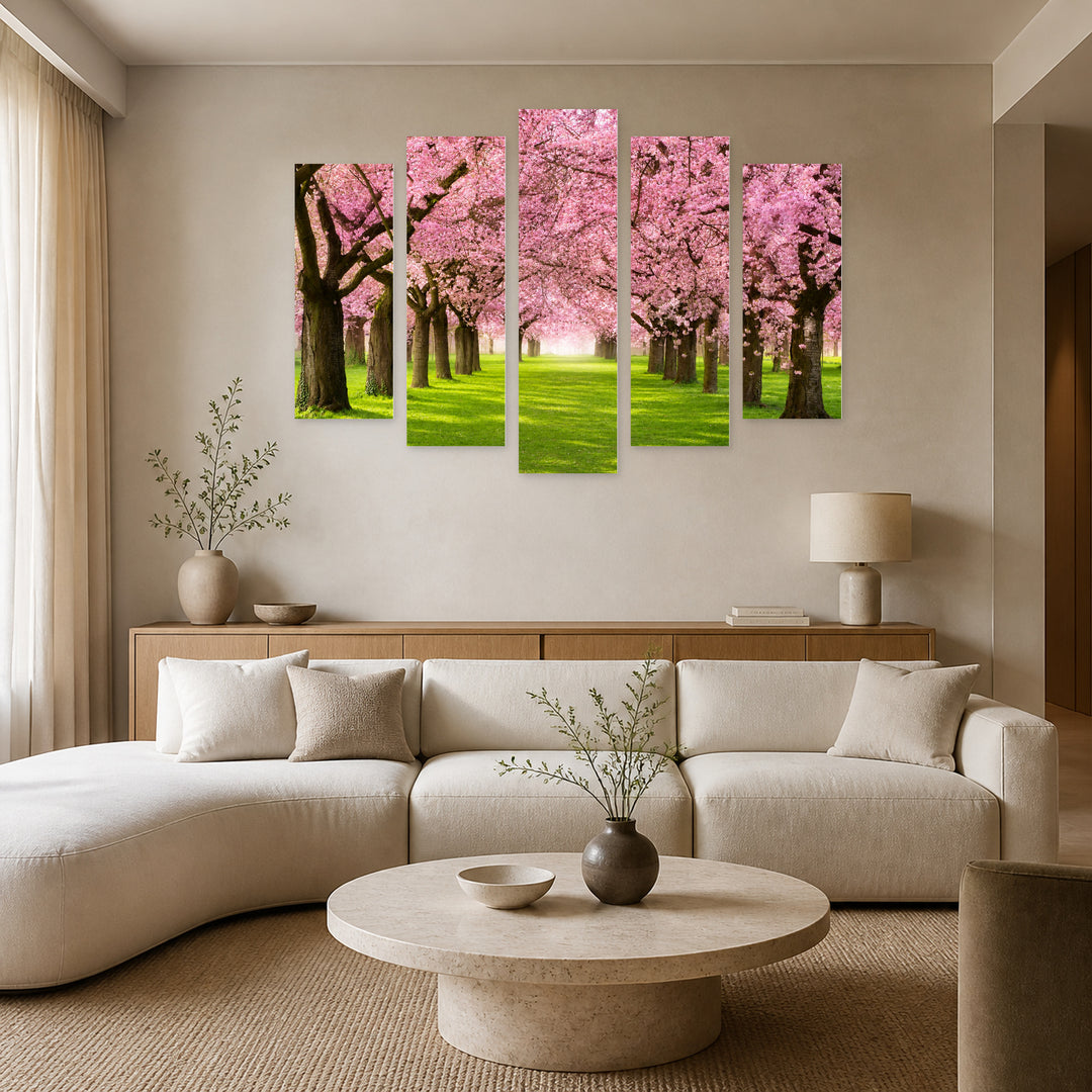 Cherry Trees in Vivid Color — five-panel wall art in frontal interior | 5wallart 54081 M3