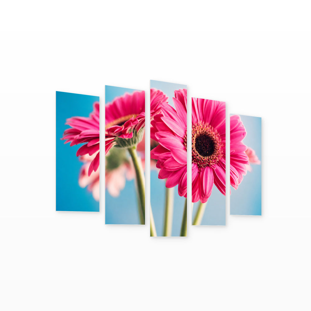 Pink Gerberas with Geometric Rhythm — five-panel wall art on white background in perspective | 5wallart 54083 M1
