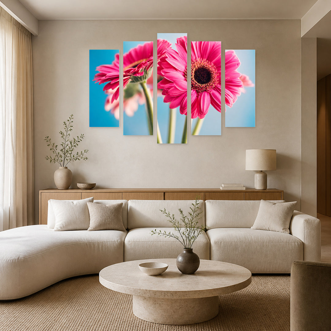Pink Gerberas with Geometric Rhythm — five-panel wall art in frontal interior | 5wallart 54083 M3
