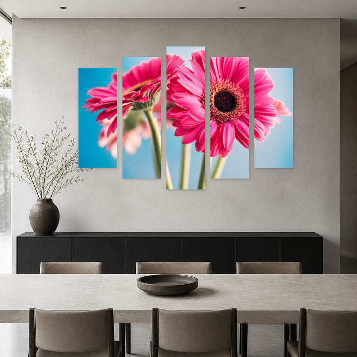 Pink Gerberas with Geometric Rhythm — five-panel wall art in alternate frontal interior | 5wallart 54083 M4