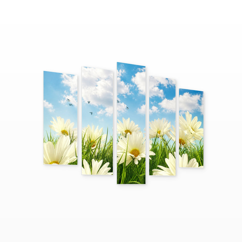 Vintage Daisies in Vivid Color — five-panel wall art on white background in perspective | 5wallart 54085 M1