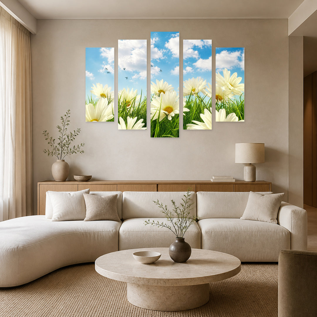 Vintage Daisies in Vivid Color — five-panel wall art in frontal interior | 5wallart 54085 M3
