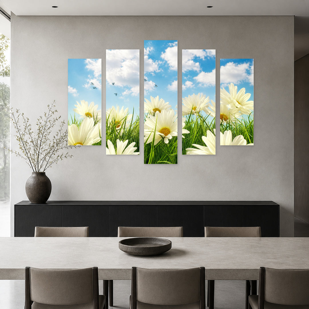 Vintage Daisies in Vivid Color — five-panel wall art in alternate frontal interior | 5wallart 54085 M4