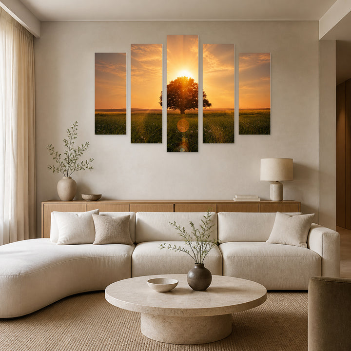 Golden Sunset over Tree — five-panel wall art in alternate frontal interior | 5wallart 54086 M4