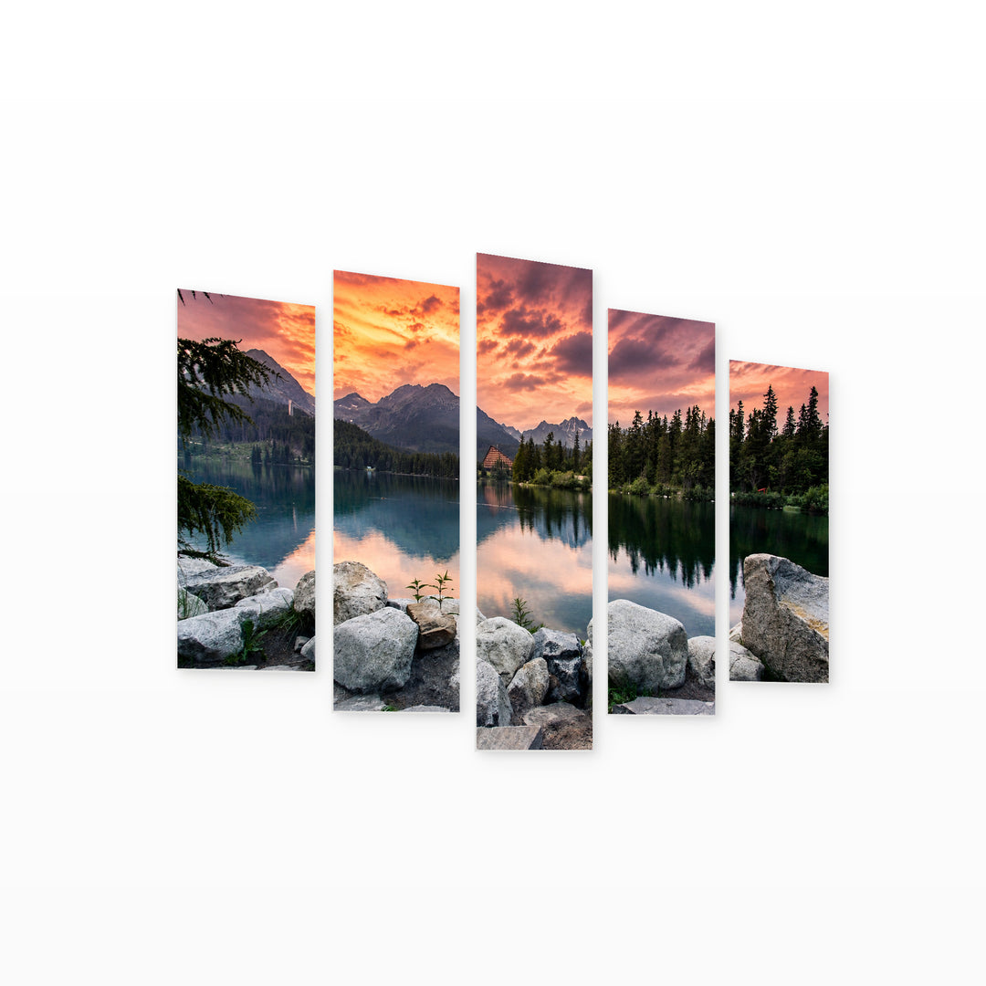 Alpine Lake at Coral Sunset — five-panel wall art on white background in perspective | 5wallart 54087 M1
