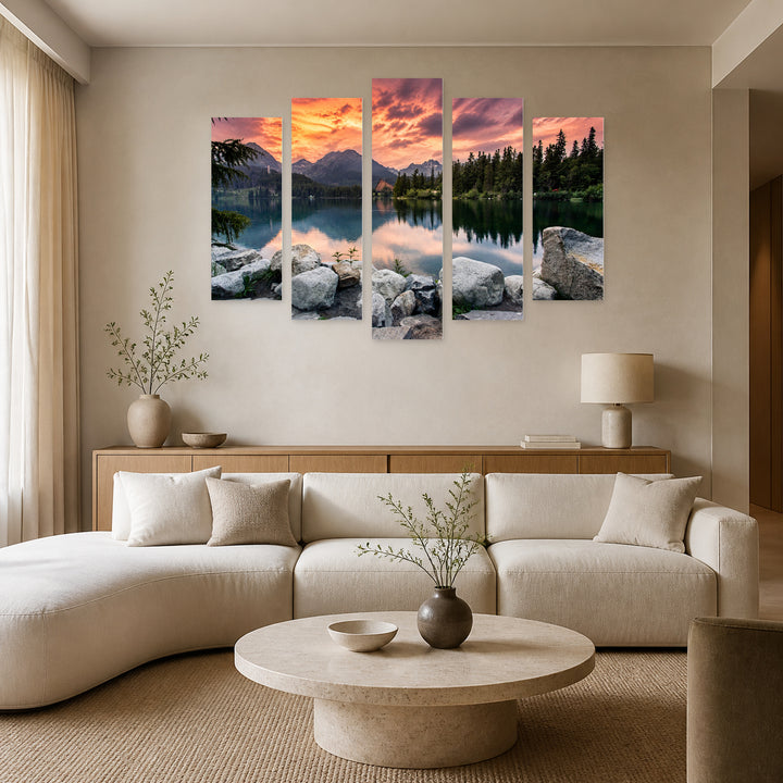 Alpine Lake at Coral Sunset — five-panel wall art in frontal interior | 5wallart 54087 M3