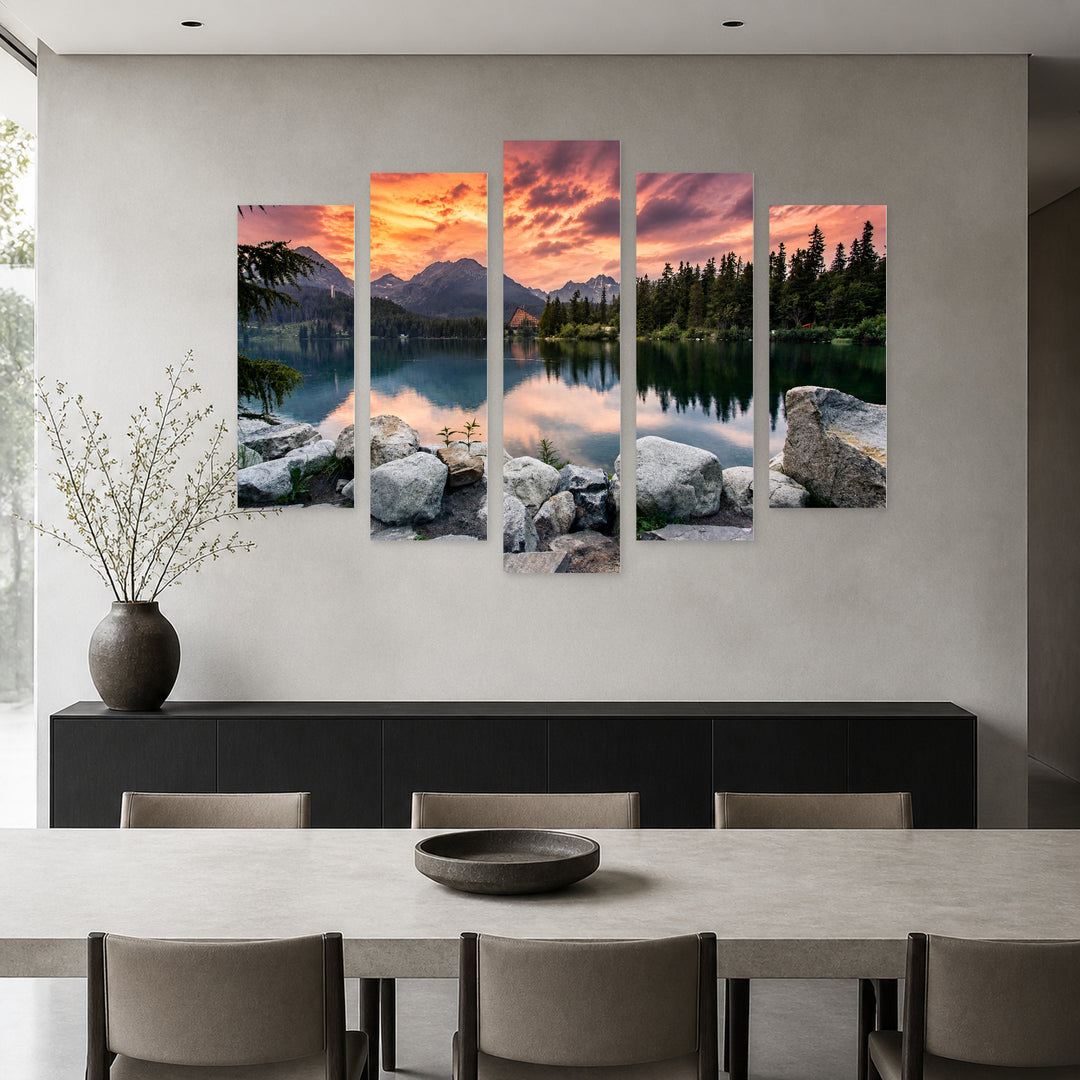 Alpine Lake at Coral Sunset — five-panel wall art in alternate frontal interior | 5wallart 54087 M4