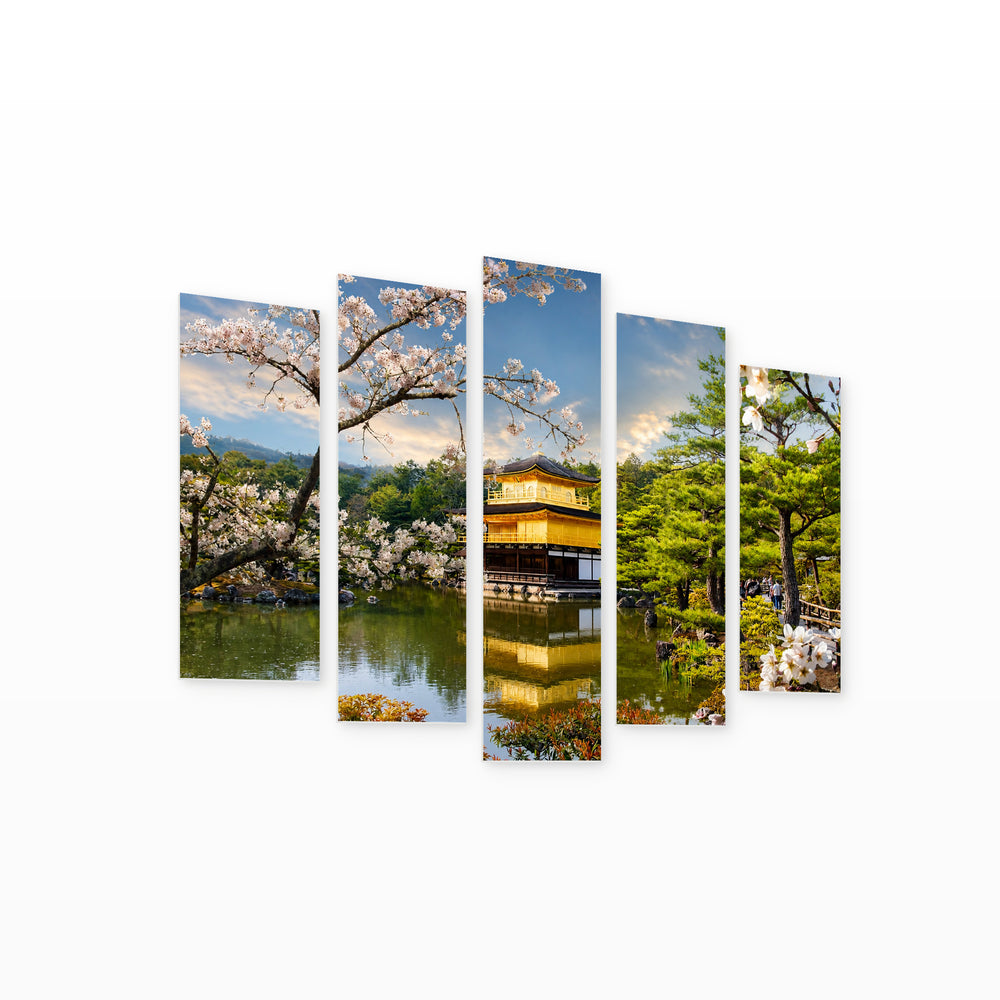 Golden Temple in Serene Light — five-panel wall art on white background in perspective | 5wallart 54088 M1