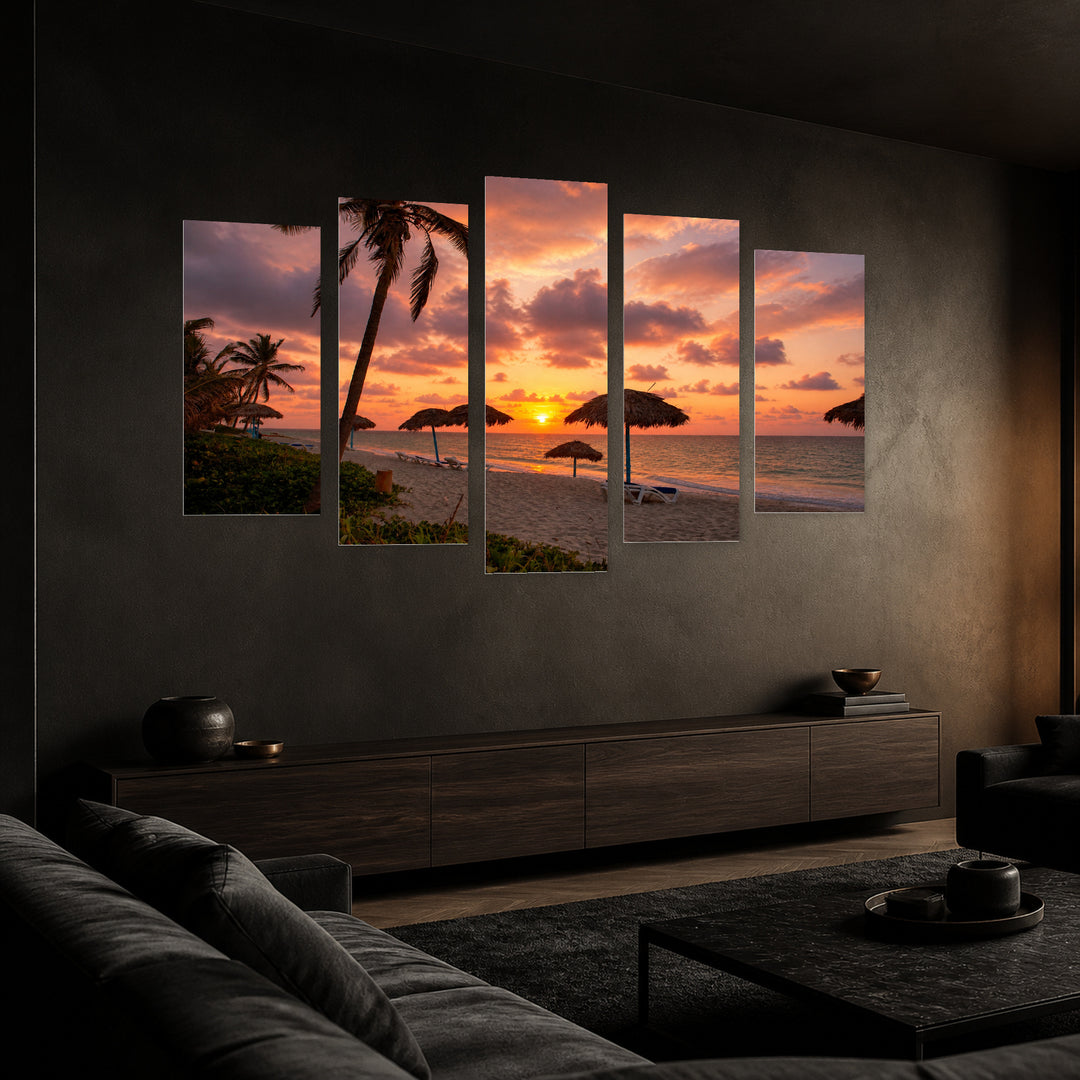 Sunset Beach, Cuba with Dreamlike Atmosphere — five-panel wall art in perspective interior | 5wallart 54089 M2