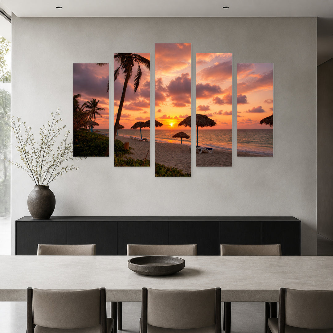 Sunset Beach, Cuba with Dreamlike Atmosphere — five-panel wall art in alternate frontal interior | 5wallart 54089 M4