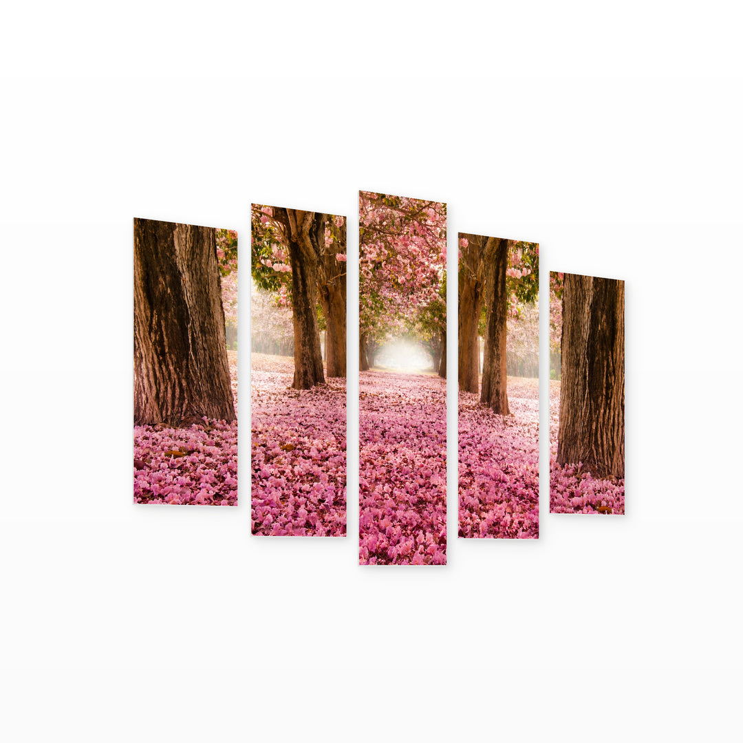 Pink Flowers and Trees with Geometric Rhythm — five-panel wall art on white background in perspective | 5wallart 54090 M1