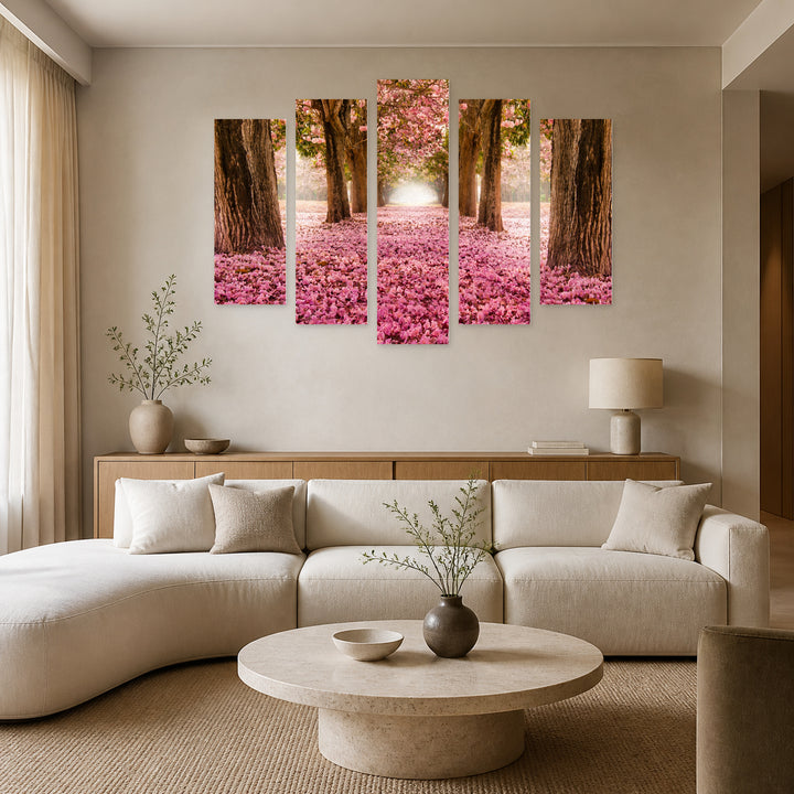 Pink Flowers and Trees with Geometric Rhythm — five-panel wall art in alternate frontal interior | 5wallart 54090 M4