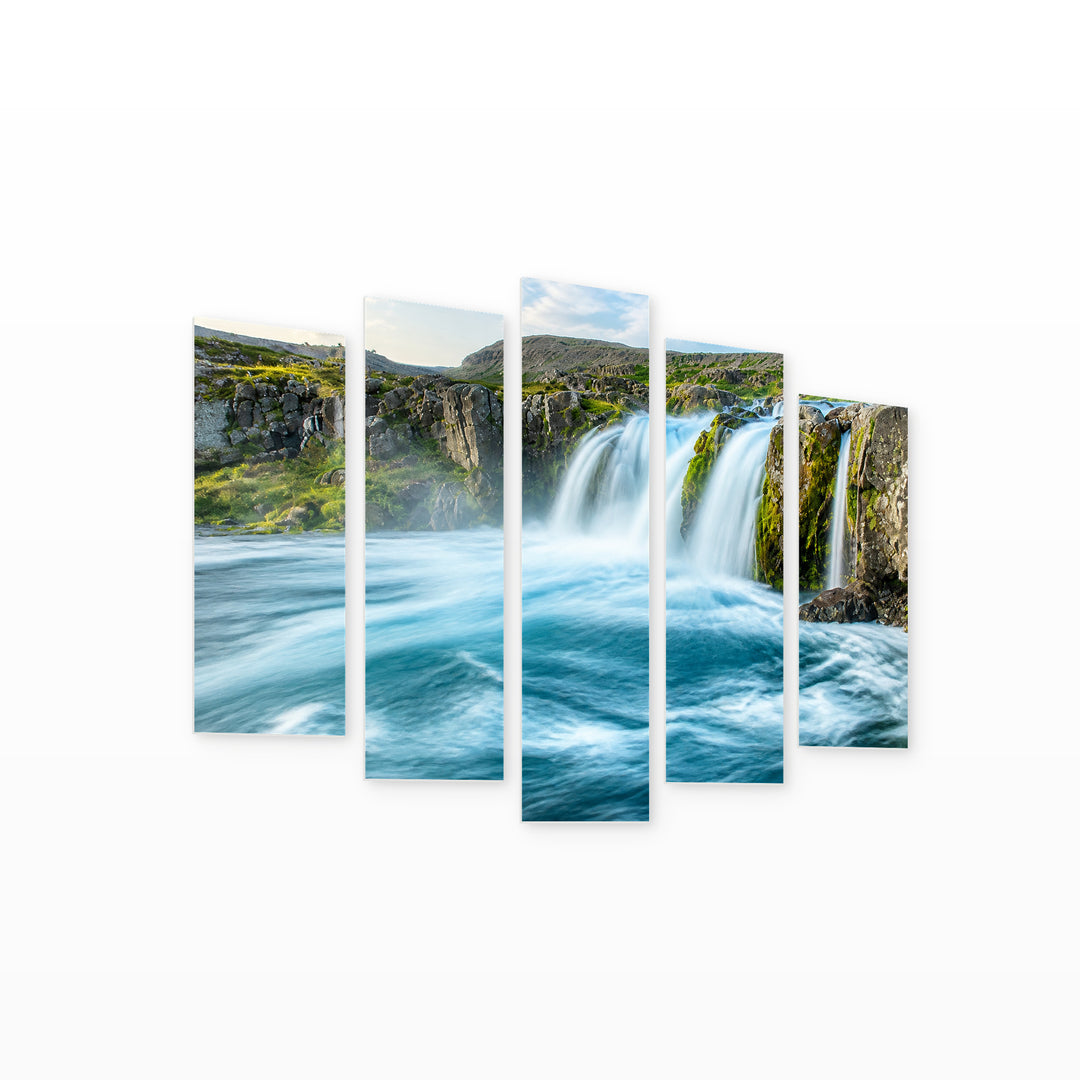 Waterfall in the Western Fjords in Serene Light — five-panel wall art on white background in perspective | 5wallart 54091 M1