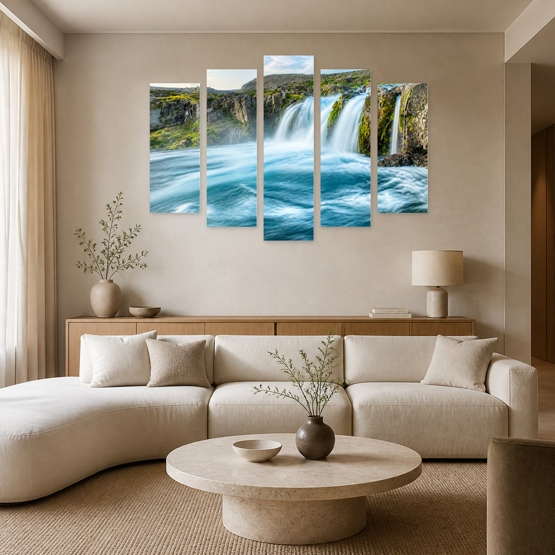 Waterfall in the Western Fjords in Serene Light — five-panel wall art in frontal interior | 5wallart 54091 M3