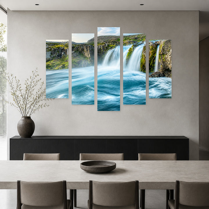 Waterfall in the Western Fjords in Serene Light — five-panel wall art in alternate frontal interior | 5wallart 54091 M4