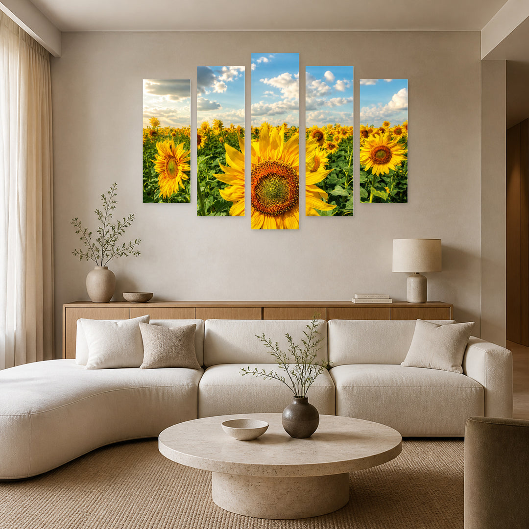 Sunflower Fields in Serene Light — five-panel wall art in alternate frontal interior | 5wallart 54092 M4