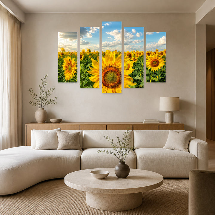 Sunflower Fields in Serene Light — five-panel wall art in alternate frontal interior | 5wallart 54092 M4