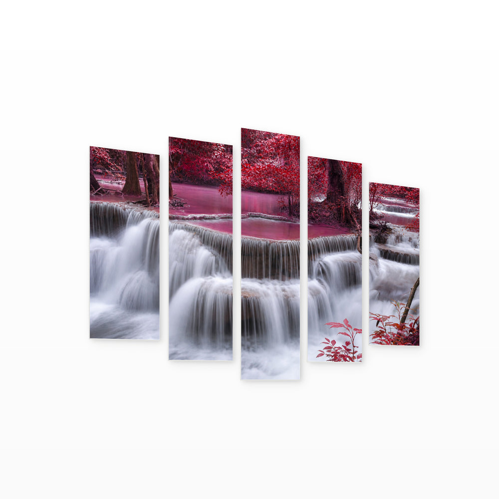 Pink Waterfall with Dreamlike Atmosphere — five-panel wall art on white background in perspective | 5wallart 54093 M1