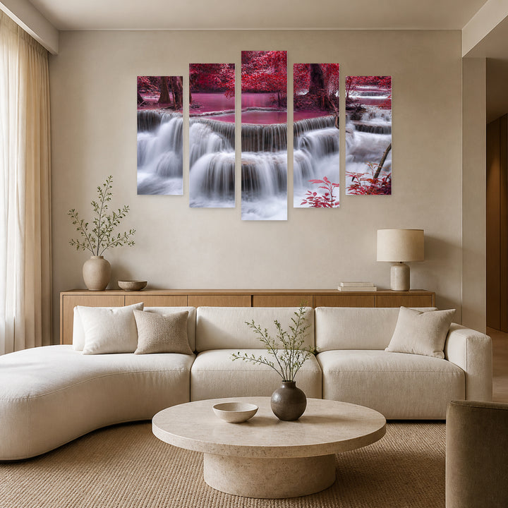 Pink Waterfall with Dreamlike Atmosphere — five-panel wall art in frontal interior | 5wallart 54093 M3