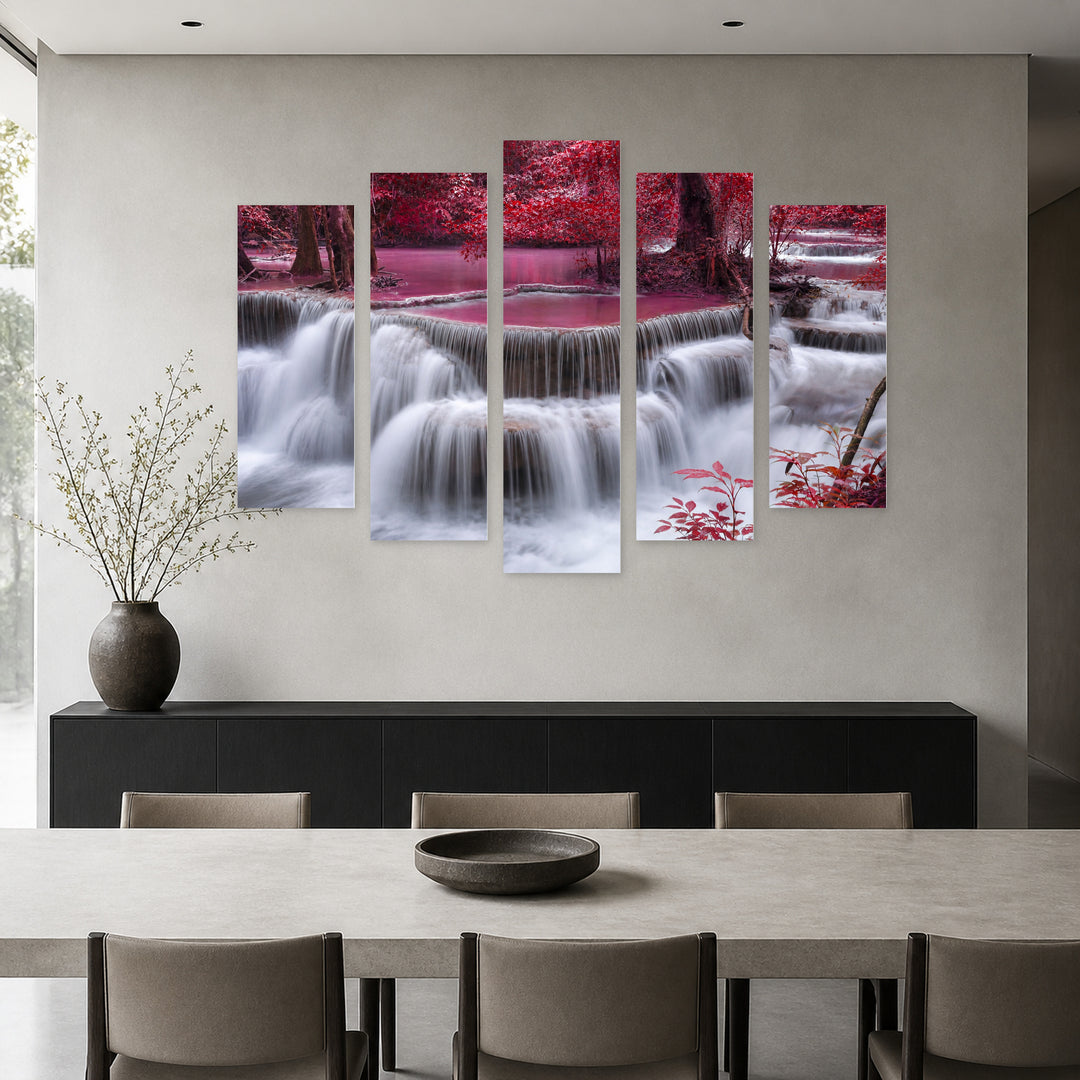 Pink Waterfall with Dreamlike Atmosphere — five-panel wall art in alternate frontal interior | 5wallart 54093 M4
