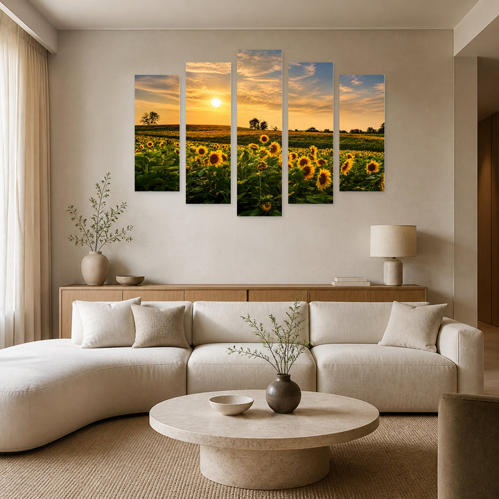 Golden Sunset over Sunflower Fields — five-panel wall art in frontal interior | 5wallart 54095 M3