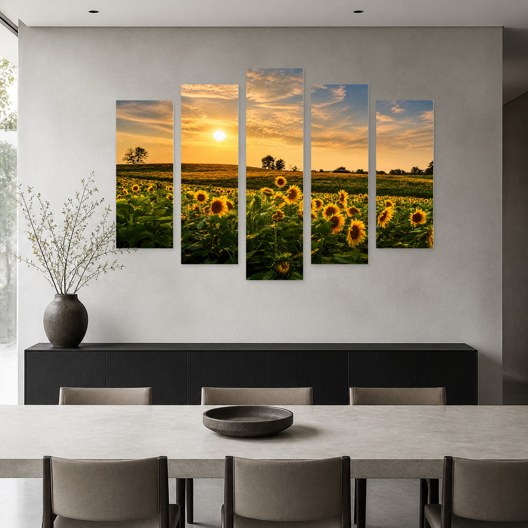 Golden Sunset over Sunflower Fields — five-panel wall art in alternate frontal interior | 5wallart 54095 M4