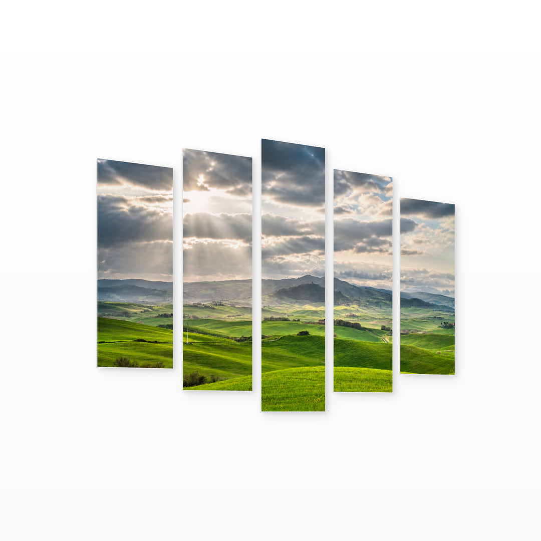 Green Meadow in Serene Light — five-panel wall art on white background in perspective | 5wallart 54097 M1