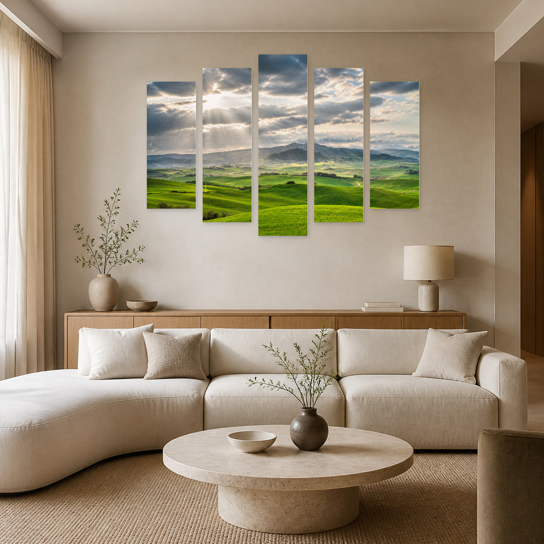 Green Meadow in Serene Light — five-panel wall art in frontal interior | 5wallart 54097 M3
