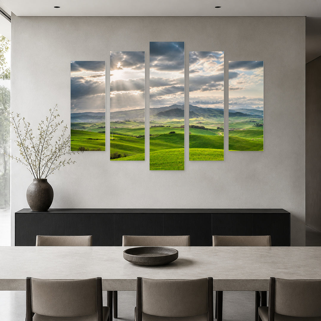 Green Meadow in Serene Light — five-panel wall art in alternate frontal interior | 5wallart 54097 M4