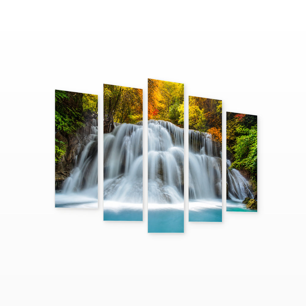Forest Waterfalls with Dreamlike Atmosphere — five-panel wall art on white background in perspective | 5wallart 54098 M1