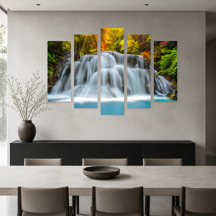 Forest Waterfalls with Dreamlike Atmosphere — five-panel wall art in frontal interior | 5wallart 54098 M3