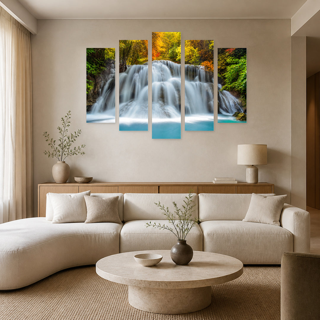 Forest Waterfalls with Dreamlike Atmosphere — five-panel wall art in alternate frontal interior | 5wallart 54098 M4