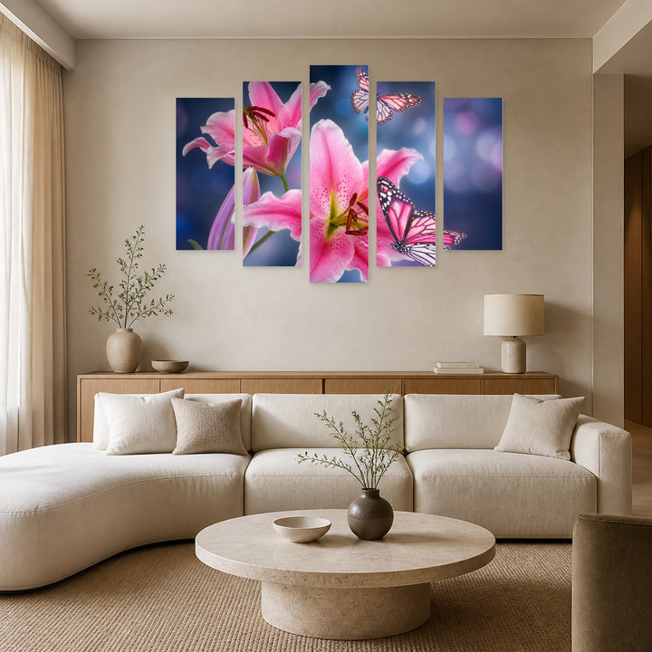Lilies and Butterflies with Dreamlike Atmosphere — five-panel wall art in frontal interior | 5wallart 54099 M3
