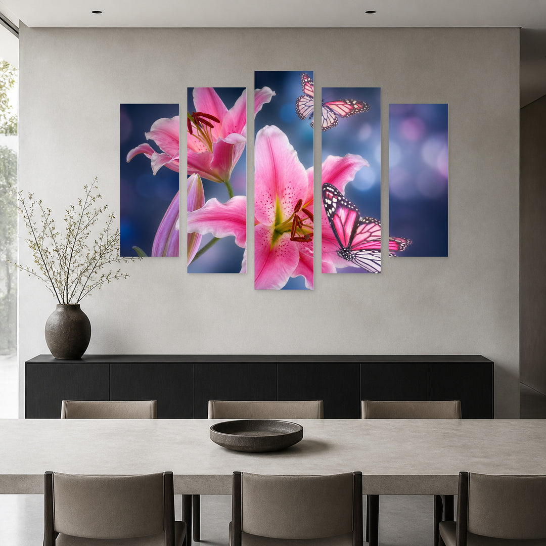 Lilies and Butterflies with Dreamlike Atmosphere — five-panel wall art in alternate frontal interior | 5wallart 54099 M4