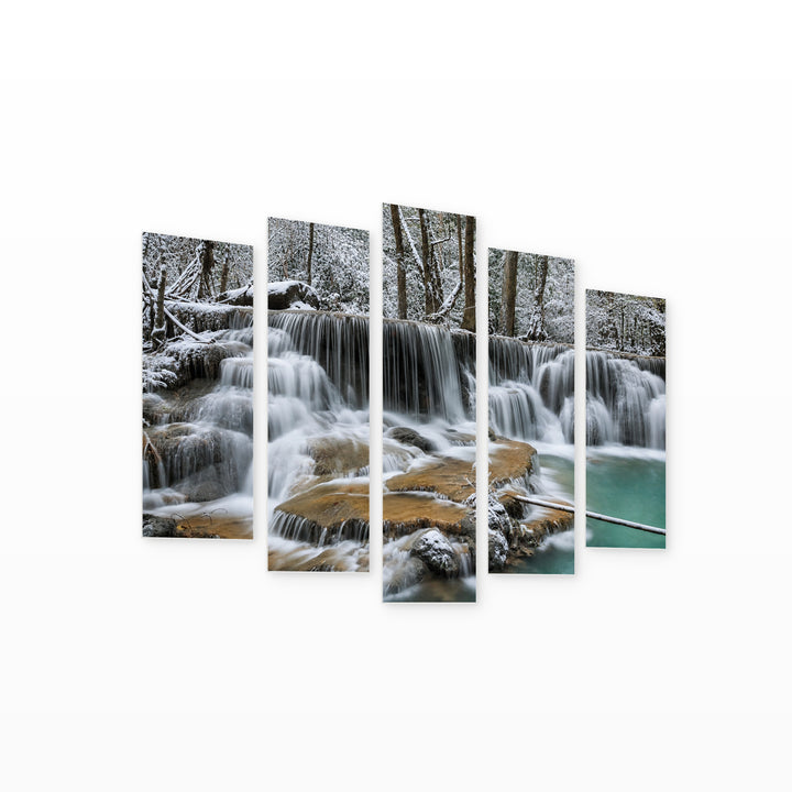 Forest Waterfalls in Winter — five-panel wall art on white background in perspective | 5wallart 54100 M1