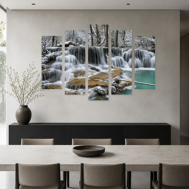 Forest Waterfalls in Winter — five-panel wall art in frontal interior | 5wallart 54100 M3