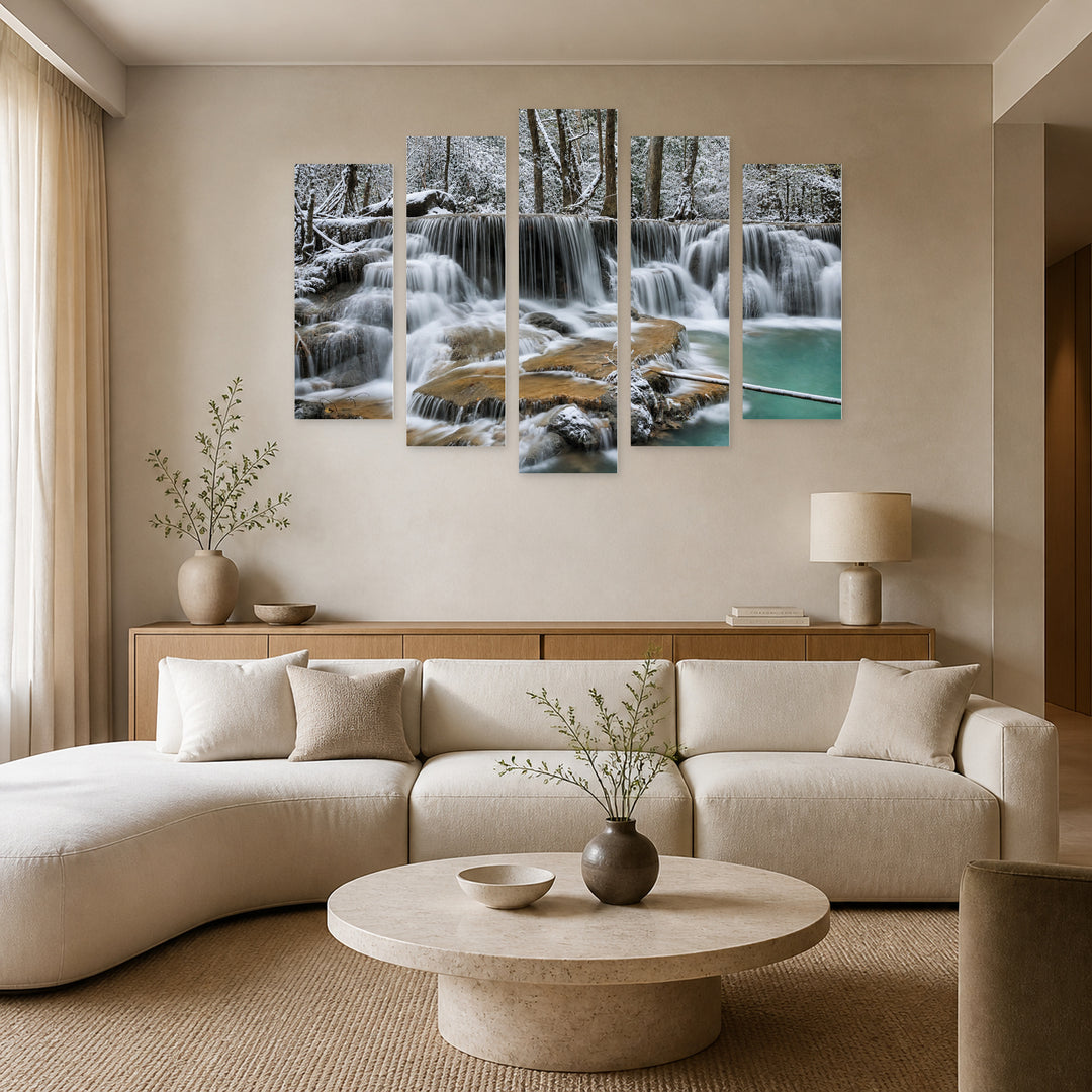 Forest Waterfalls in Winter — five-panel wall art in alternate frontal interior | 5wallart 54100 M4