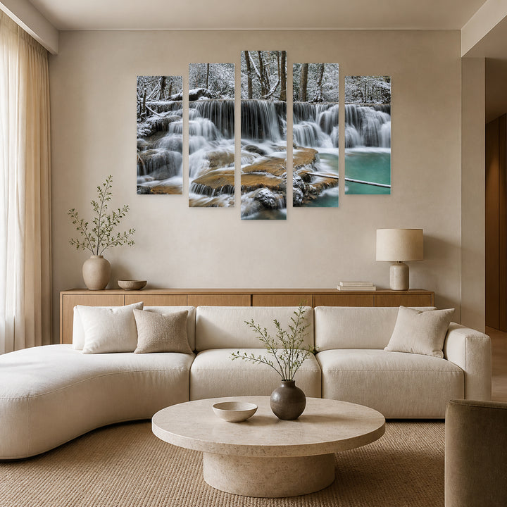 Forest Waterfalls in Winter — five-panel wall art in alternate frontal interior | 5wallart 54100 M4