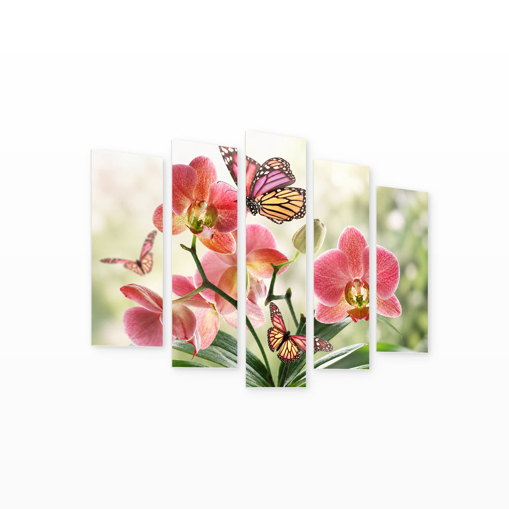 Orchid and Butterflies in Serene Light — five-panel wall art on white background in perspective | 5wallart 54101 M1