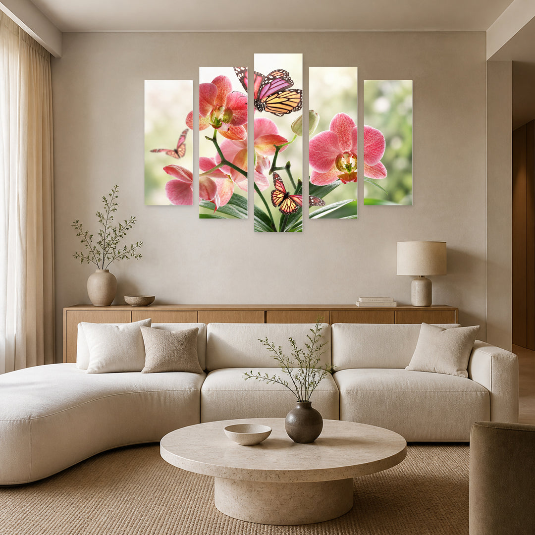 Orchid and Butterflies in Serene Light — five-panel wall art in frontal interior | 5wallart 54101 M3