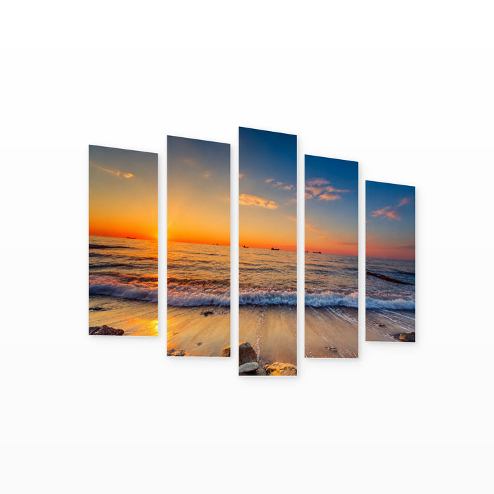 Sunset and Beach in Serene Light — five-panel wall art on white background in perspective | 5wallart 54102 M1