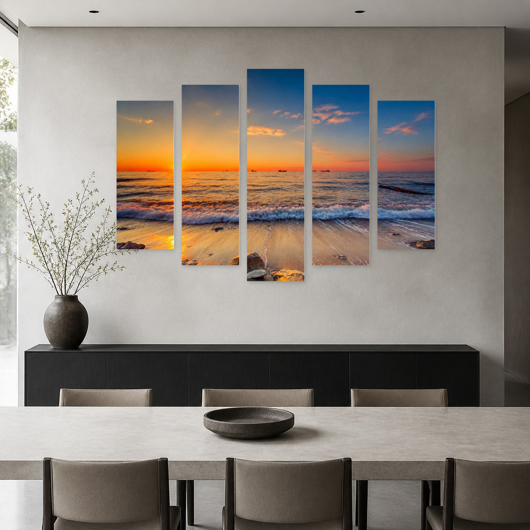 Sunset and Beach in Serene Light — five-panel wall art in frontal interior | 5wallart 54102 M3
