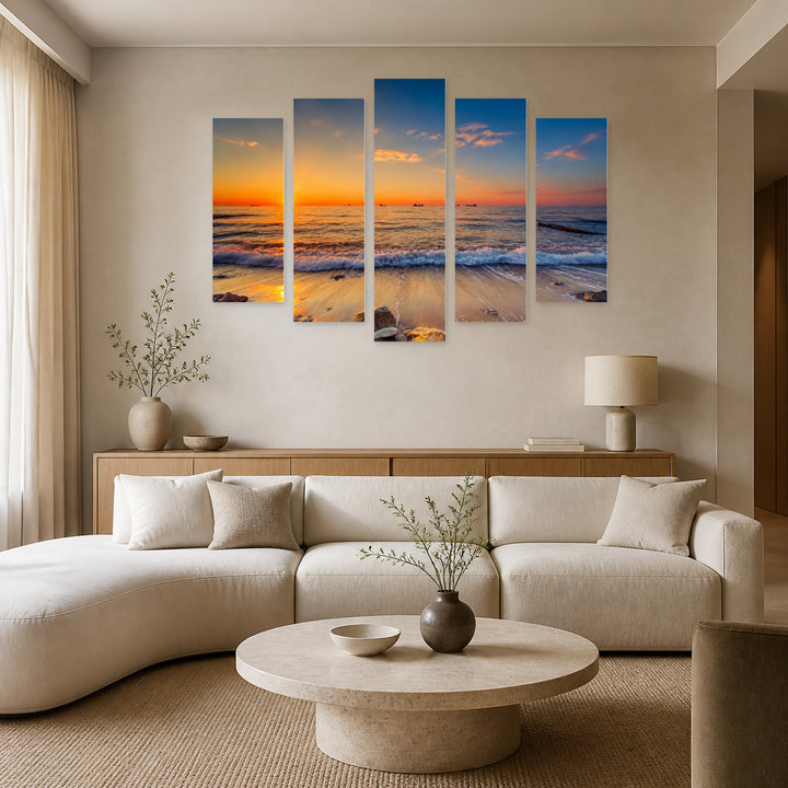 Sunset and Beach in Serene Light — five-panel wall art in alternate frontal interior | 5wallart 54102 M4