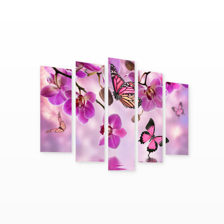 Purple Flowers and Butterflies with Dreamlike Atmosphere — five-panel wall art on white background in perspective | 5wallart 54103 M1