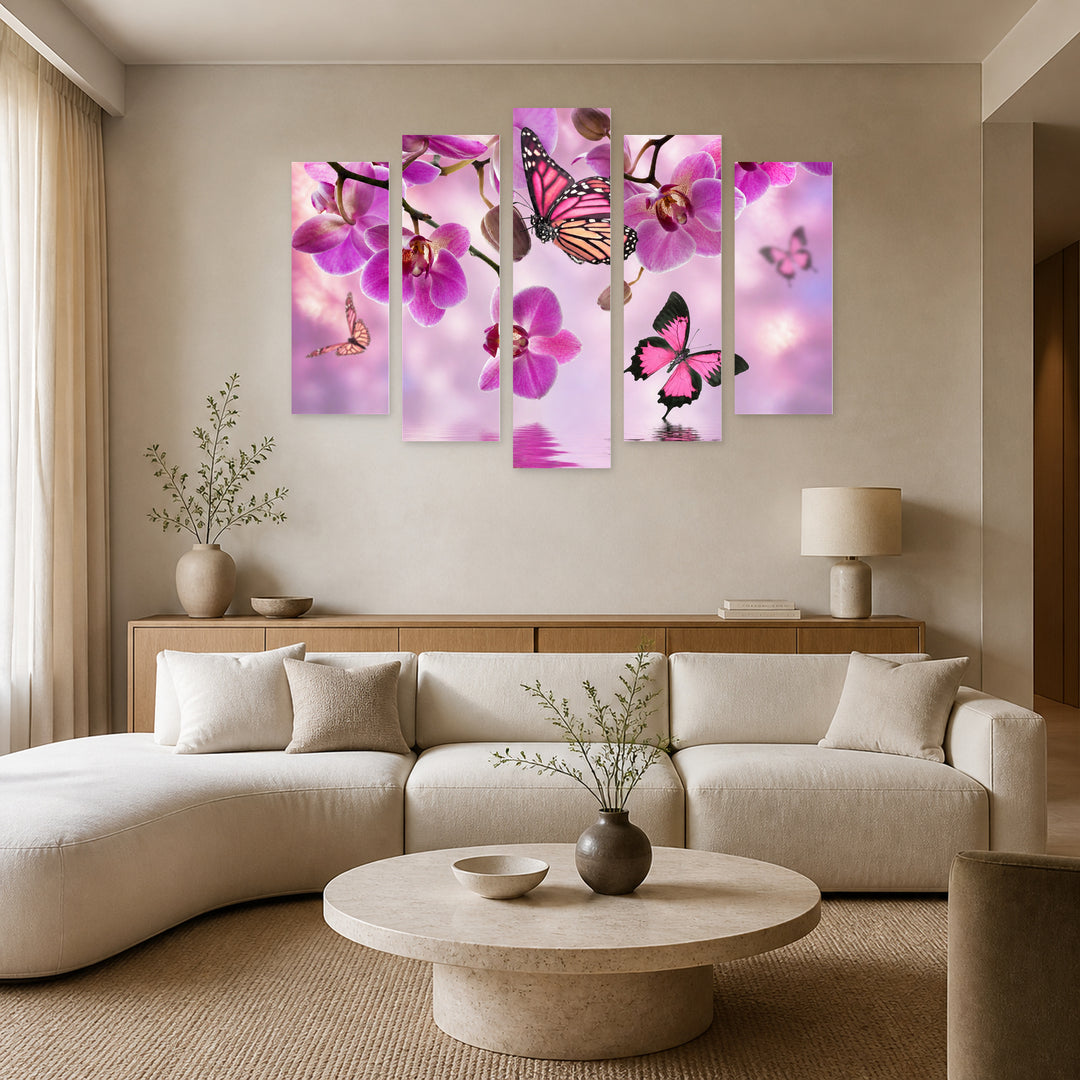 Purple Flowers and Butterflies with Dreamlike Atmosphere — five-panel wall art in frontal interior | 5wallart 54103 M3