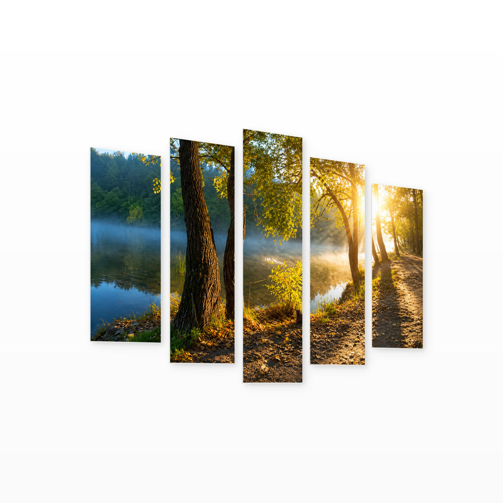 Forest Sunrise in Serene Light — five-panel wall art on white background in perspective | 5wallart 54104 M1