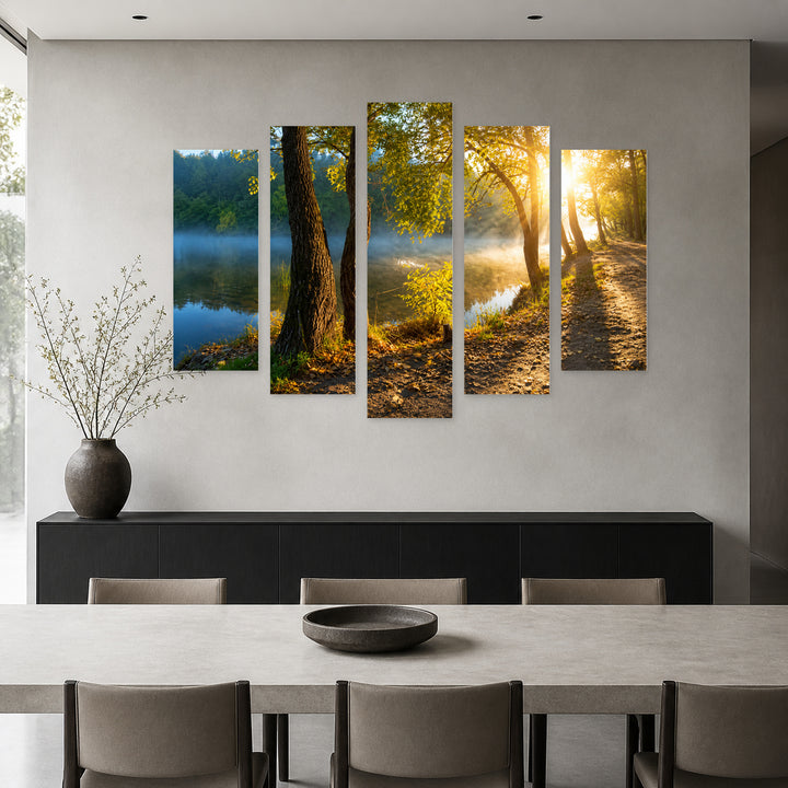 Forest Sunrise in Serene Light — five-panel wall art in frontal interior | 5wallart 54104 M3